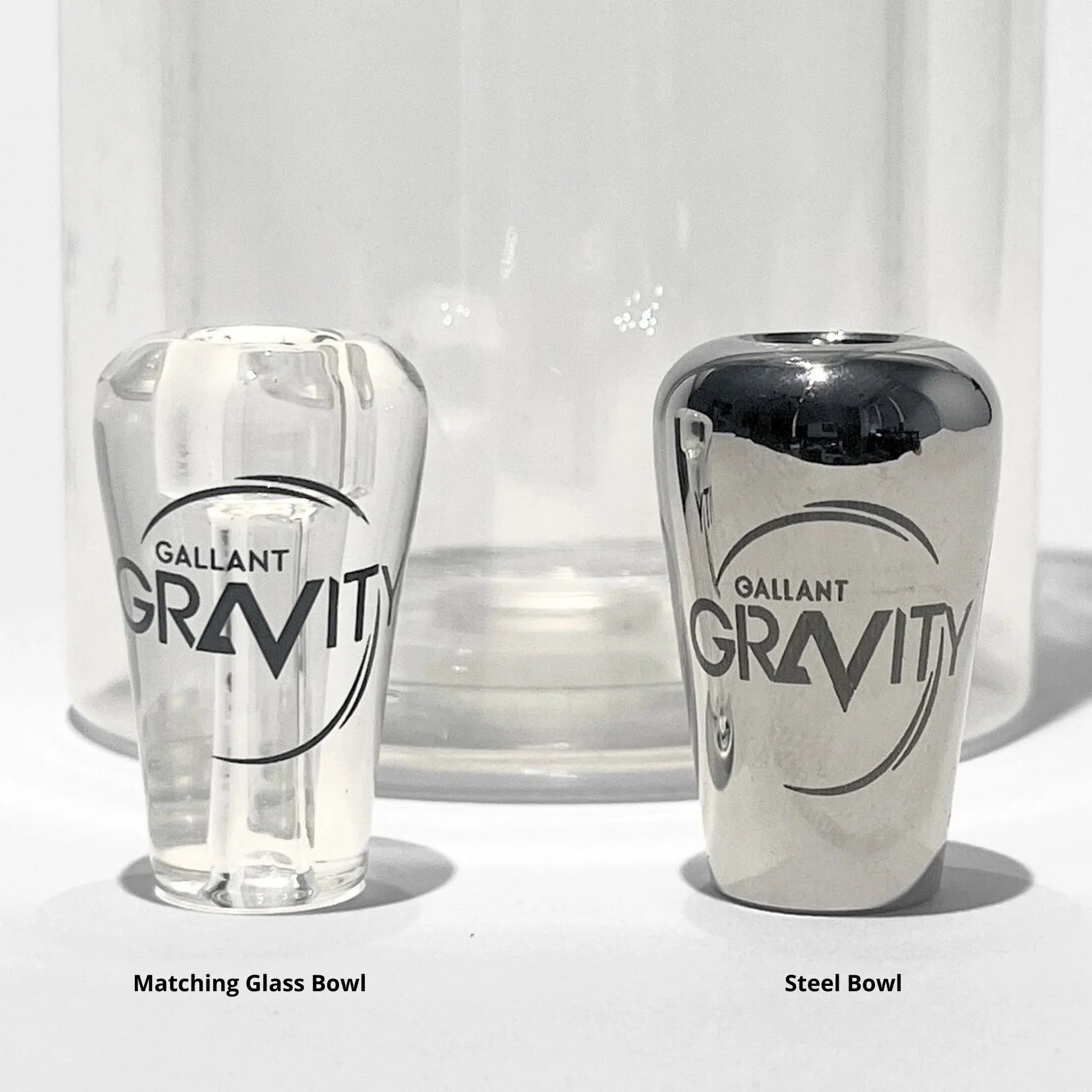 Clear glass and steel gravity bong bowls with Gallant Gravity logo on white background