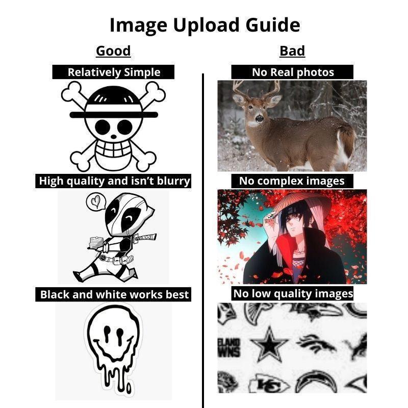Image upload guide showing examples of good simple black and white images and bad complex or low quality photos for uploads.