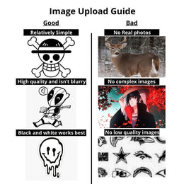 Image upload guide showing examples of good simple black and white images and bad complex or low quality photos for uploads.