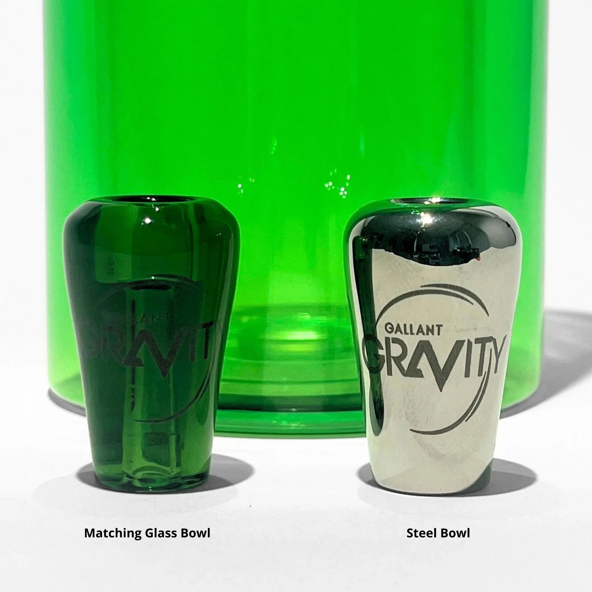 Green gravity bong with matching glass bowl and steel bowl for smoking accessories