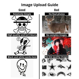 Image upload guide showing good examples of simple, high quality, black and white images versus bad examples like real photos, complex or low-quality graphics.