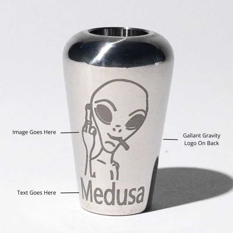 Stainless steel bowl with engraved alien smoking design and Medusa text for gravity bong