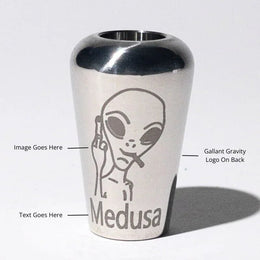 Stainless steel bowl with engraved alien smoking design and Medusa text for gravity bong